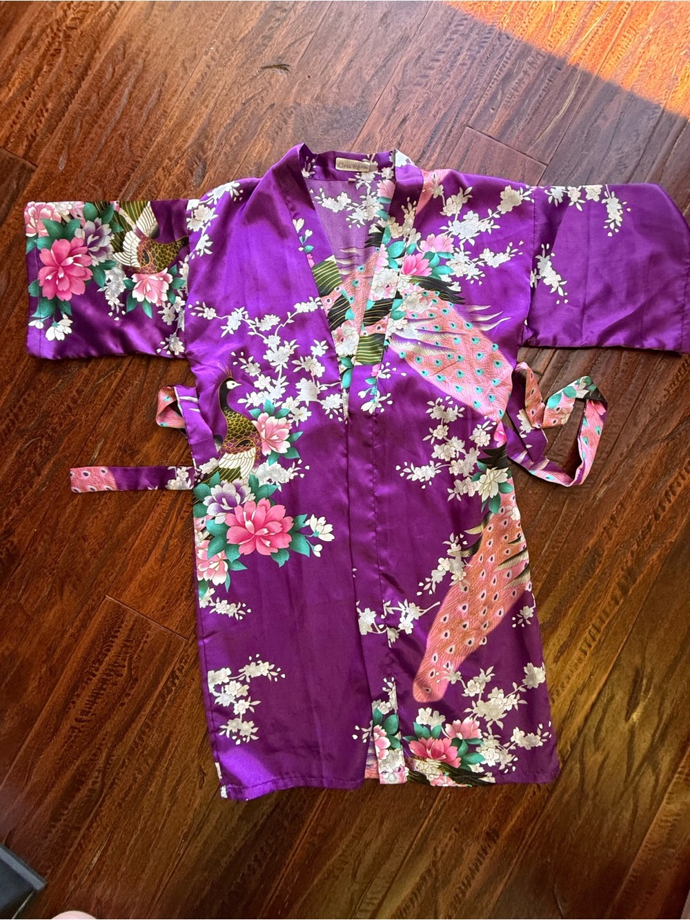 A Girls Purple Satin Kimono Robe Peacock Floral Size 10